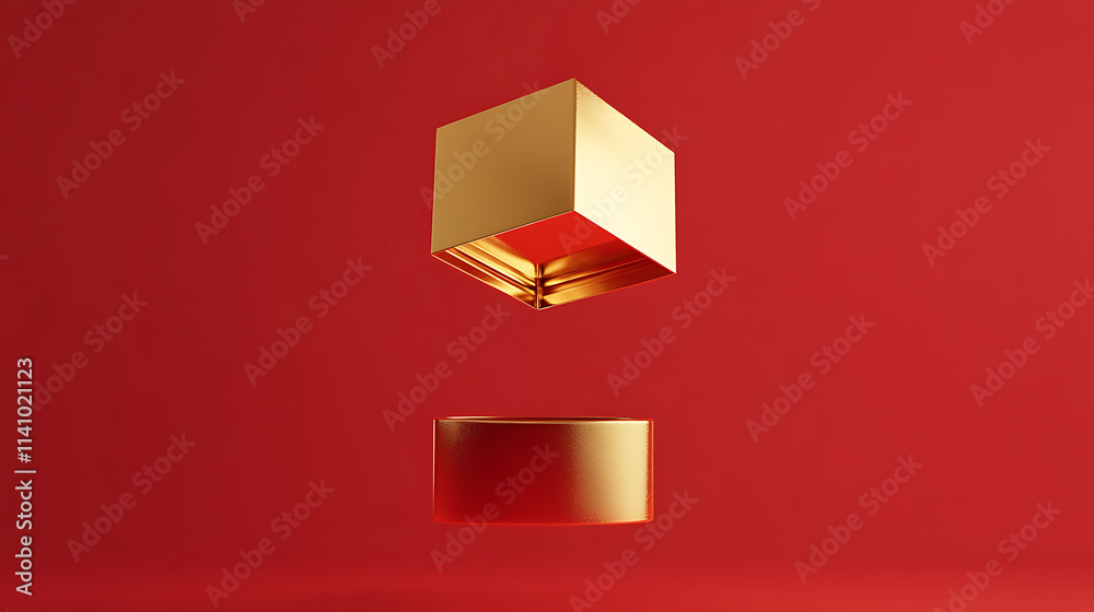 Aufkleber Golden gift box floating above an empty one on a red background