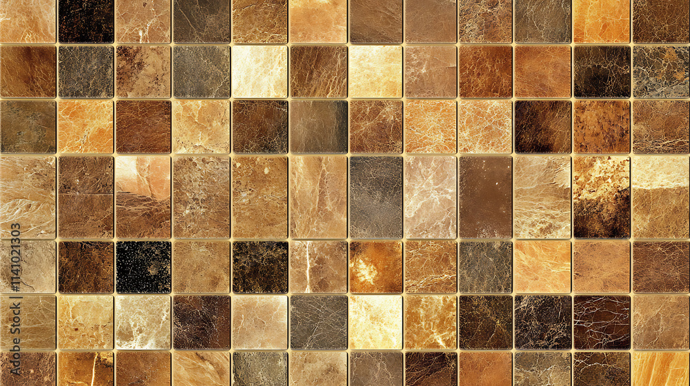 Aufkleber Golden square mosaic tiles forming a seamless pattern with a warm, rich color palette, textured background ideal for design projects
