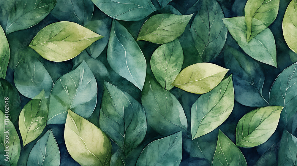 Poster green foliage abstract watercolor illustrating a pattern of overlapping green leaves in a textured, 