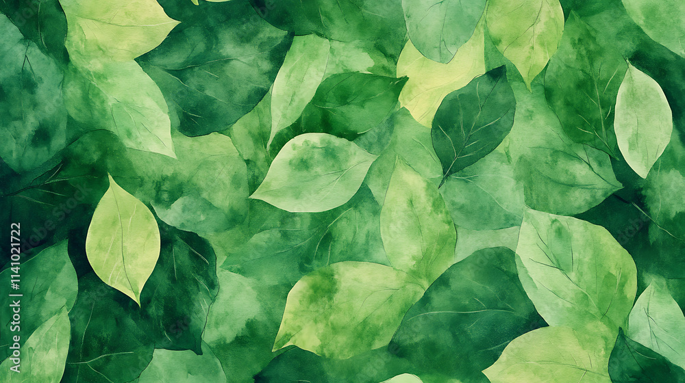 Poster green foliage abstract watercolor illustrating a pattern of overlapping green leaves in a textured, 