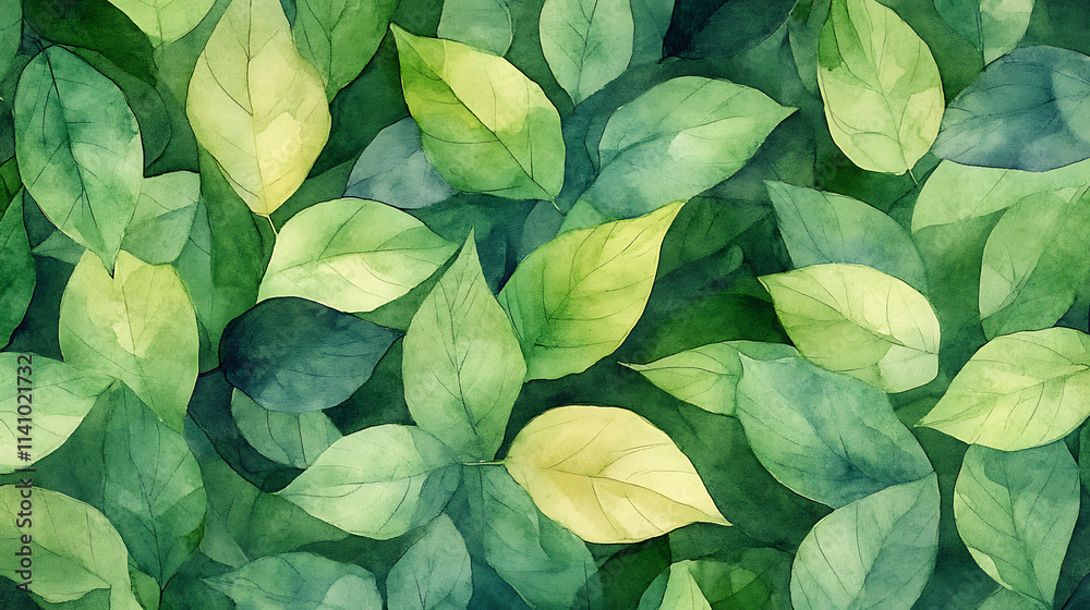 Poster green foliage abstract watercolor illustrating a pattern of overlapping green leaves in a textured, 
