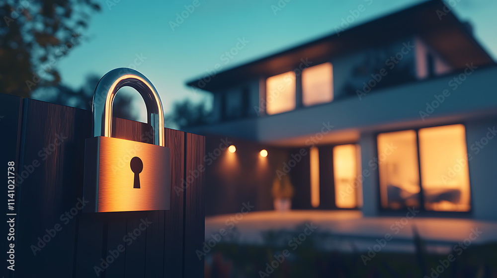 Poster luminous padlock is glowing in front of a modern house with lights on at sunset, symbolizing a secur