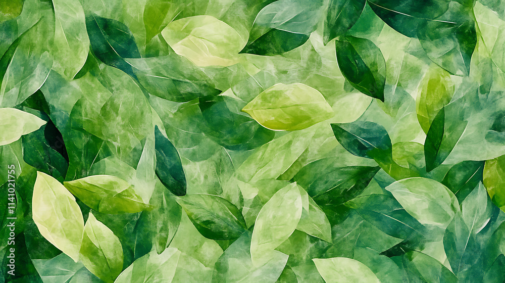 Poster green foliage abstract watercolor illustrating a pattern of overlapping green leaves in a textured, 