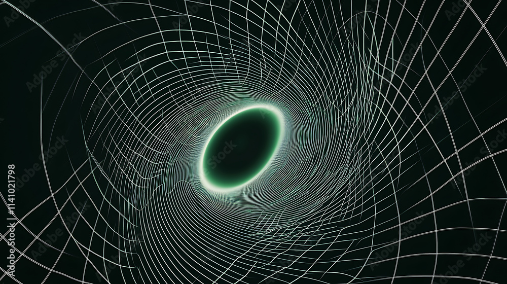 Poster green gradient spiral on a black background with curved lines and light effects