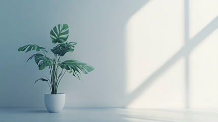 Green monstera plant in a white pot against a plain white wall, minimalist, indoor plant decor concept