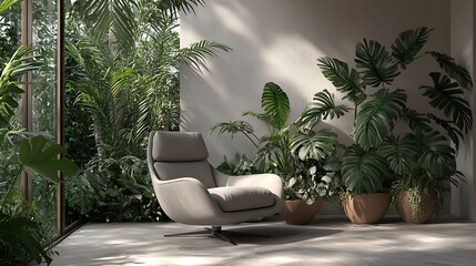 Grey armchair, monstera, palm trees, indoor plants, apartment in an urban jungle, design with biophilia, cozy home garden in a tropical climate, domestic gardening, eco friendly decor of living room