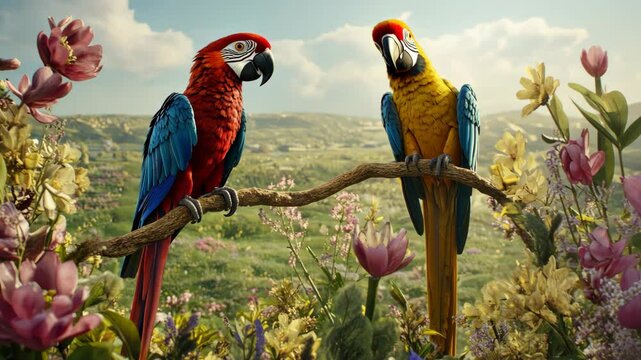 Colorful parrots perched on a branch among blooming flowers in a vibrant natural landscape