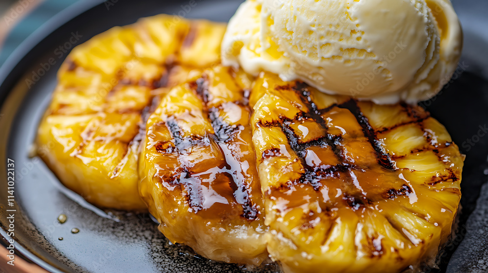 Poster grilled pineapple slices with a caramelized crust, served with vanilla ice cream