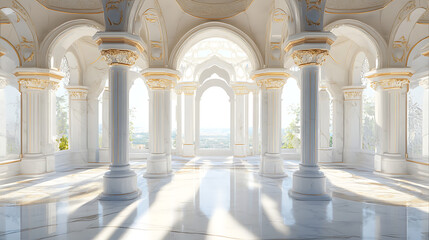Fototapeta premium Luxurious white marble interior with ornate columns and arches, sunlit, concept of wealth and grand architecture