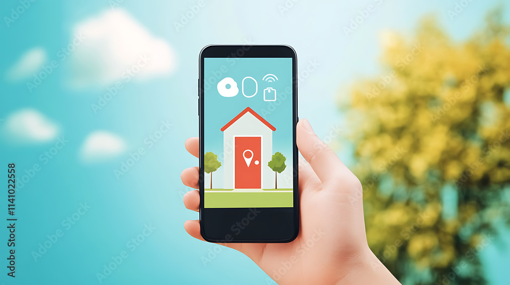 Aufkleber hand holding smartphone unlocking smart door, representing mobile access for secure smart home