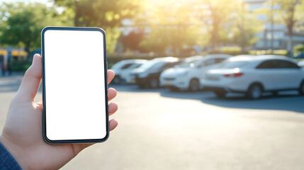 Hand holding smartphone with blank screen, using a parking app with blurred cars in a sunny parking lot background