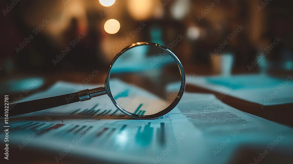 Poster Magnifying glass placed on financial documents with charts and graphs, highlighting data analysis
