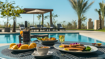 Fototapeta premium Healthy breakfast with a view: poolside dining on a sunny terrace (هپ¥ه؛·و—©é¤گé…چç¾ژو™¯ï¼ڑé™½ه…‰éœ²هڈ°ن¸ٹو³³و± ç•”çڑ„ç”¨é¤گé«”é©—)