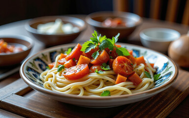 Spaghetti with kumquat and carrot sauce, garnished with parsley, on rustic wooden table