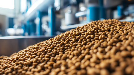 Fototapeta premium Manufacturing process of high-quality pet food pellets, concept pet food manufacturing, production process