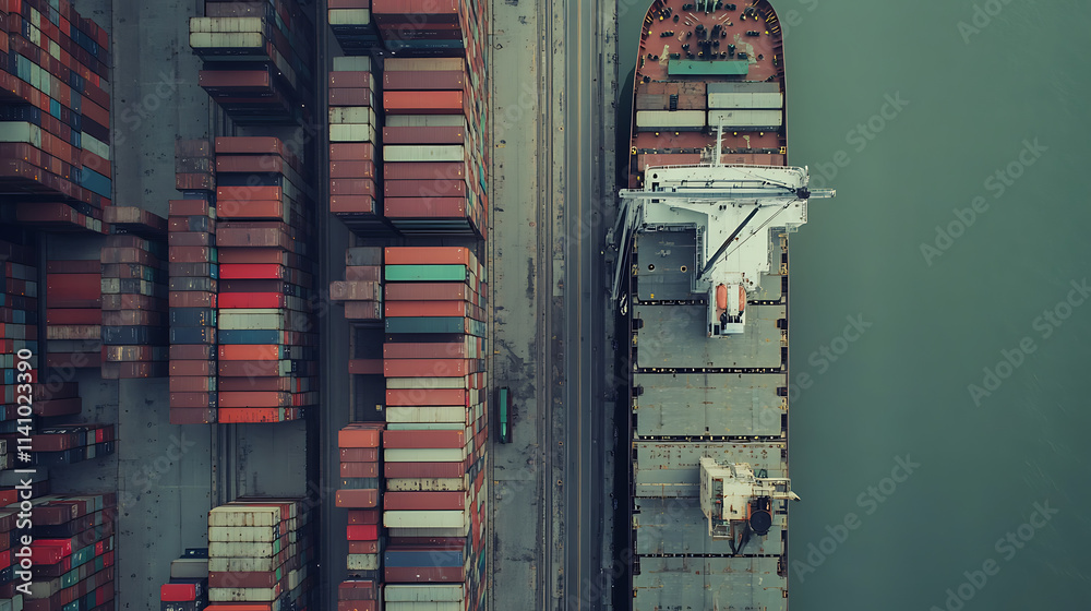 Poster Massive container ship loading and unloading operations at a busy commercial dock