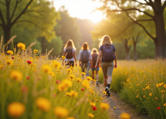 Family hiking through field of flowers at sunset