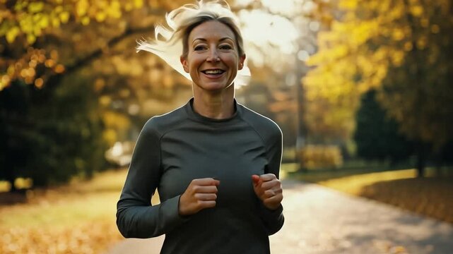 Autumn Jogger: A healthy and happy woman in her 40s enjoys a brisk run through a vibrant autumn park. The warm sunlight and colorful leaves create a sense of peace and well-being.