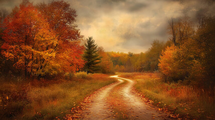 Obraz premium Vibrant autumn landscape with winding path through colorful trees at dusk