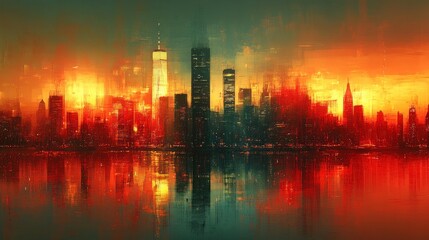 Naklejka premium Cityscape reflected in fiery sunset water.