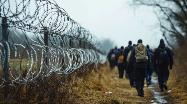 A large group of people walking beside a barbed wire fence, symbolizing migration, refugees, and the challenges of seeking safety and a better life