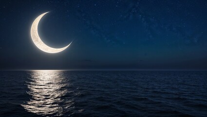 Starry Night with Crescent Moon Over the Sea, Capturing a Tranquil and Magical Seaside Scene Under the Celestial Sky