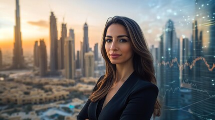 Fototapeta premium A confident woman overlooks a city skyline at sunset, symbolizing ambition and success.