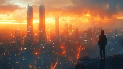Here's a 10-word description: Silhouetted figure views futuristic city sunset,