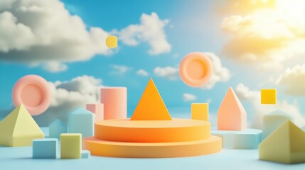 A colorful arrangement of geometric shapes against a bright sky with clouds.