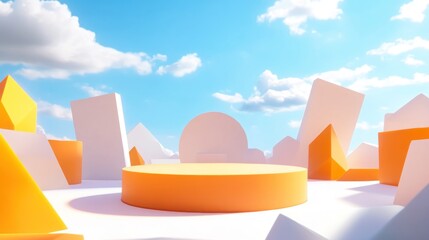 A vibrant 3D landscape with geometric shapes against a bright sky.