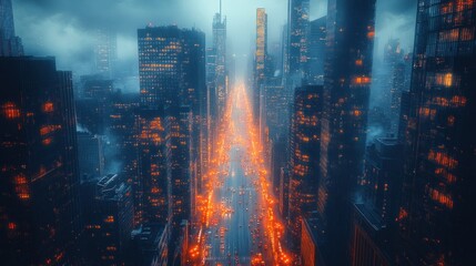 Rainy city night, illuminated skyscrapers, traffic below.