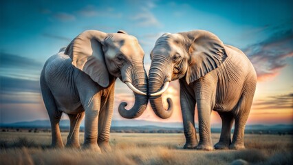 Two elephants playfully interacting in a beautiful sunset savanna landscape