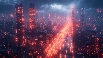 Fototapeta premium Raining futuristic city, glowing orange lights.