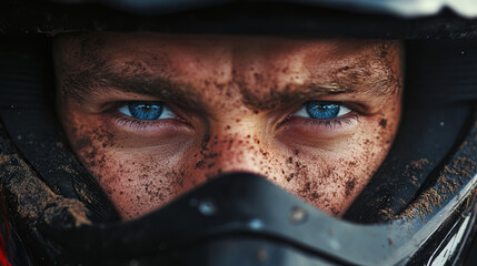 Close-Up of a Dirt Bike Rider with Mud-Splattered Helmet.