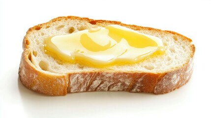 Butter melted on a slice of fresh bread, white isolate background.