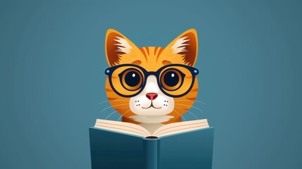 Cartoon cat face with glasses and a book, school background
