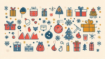 Minimalist Christmas Icons with Gifts, Trees, Snowflakes, and Festive Elements