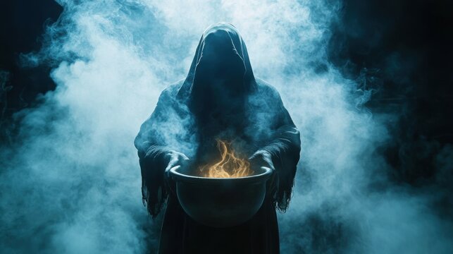Photo of sorcerer conjurer hold cauldron magic halloween spooky ritual isolated on dark misty mysterious background