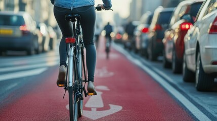 traffic, city transport and people concept - woman cycling along red bike lane or road for bicycle on street