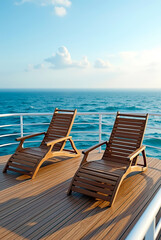 Obraz premium Luxurious Yacht Deck with Wooden Lounge Chairs and Ocean View