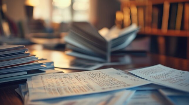 A collection of printed reports and analytics tered across a desk with highlighted sections and annotations revealing the collaborative effort in decisionmaking through data analysis.