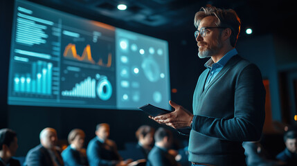 Business professional presents data insights to an audience during a corporate meeting in a modern conference room