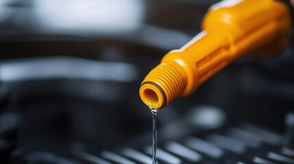 A close-up of a yellow oil dispenser pouring liquid, showcasing details of the spout and the oil drop forming at the tip.