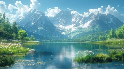 Serene mountain lake, wildflowers, sunny sky.