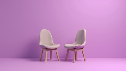 Obraz premium Two modern chairs facing each other in minimalist purple room