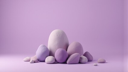 Group of purple and white smooth stones creating a relaxing zen atmosphere on a purple background