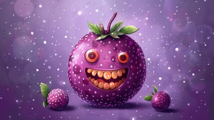 Obraz premium Cartoon passion fruit with a big grin, purple background with dots