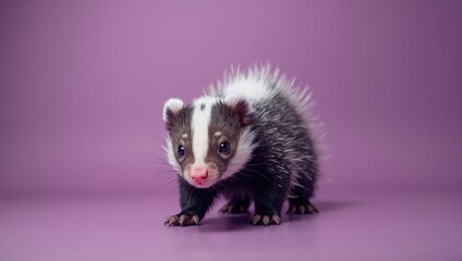Fototapeta premium Cute baby american badger walking on purple background