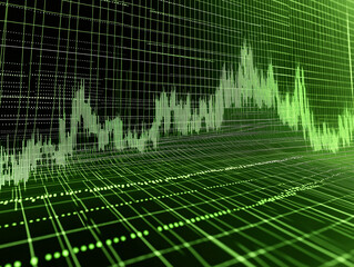 Digital stock market chart with green grid lines and fluctuating financial data