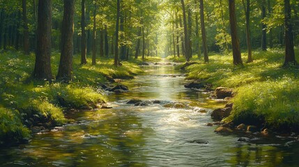 Fototapeta premium Sunlit stream flows through verdant forest.